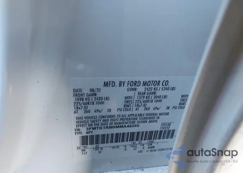 2021 Ford Mustang Mach-E Select z USA, uszkodzony, nr VIN 3FMTK1RM9MMA49280